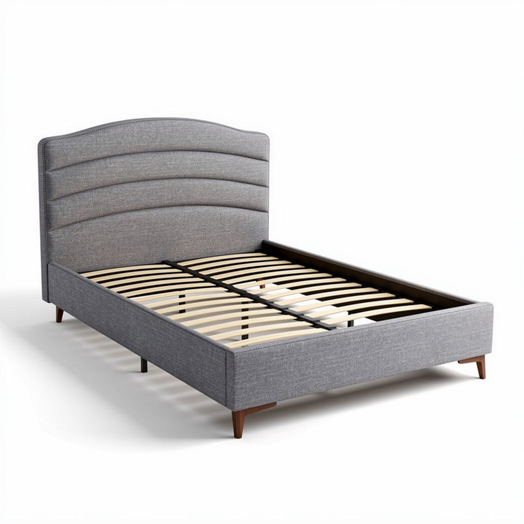 Cama tapizada de tejido gris con base de madera y somier de listones 200 x 160 x 120cm