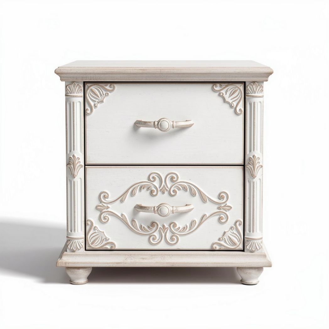 Mesita de noche blanca con dos cajones y diseño decorativo 50 x 40 x 60cm