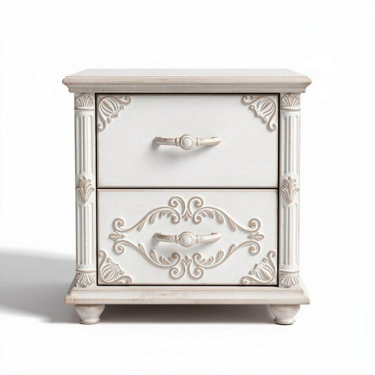 Mesita de noche blanca con dos cajones y diseño decorativo 50 x 40 x 60cm