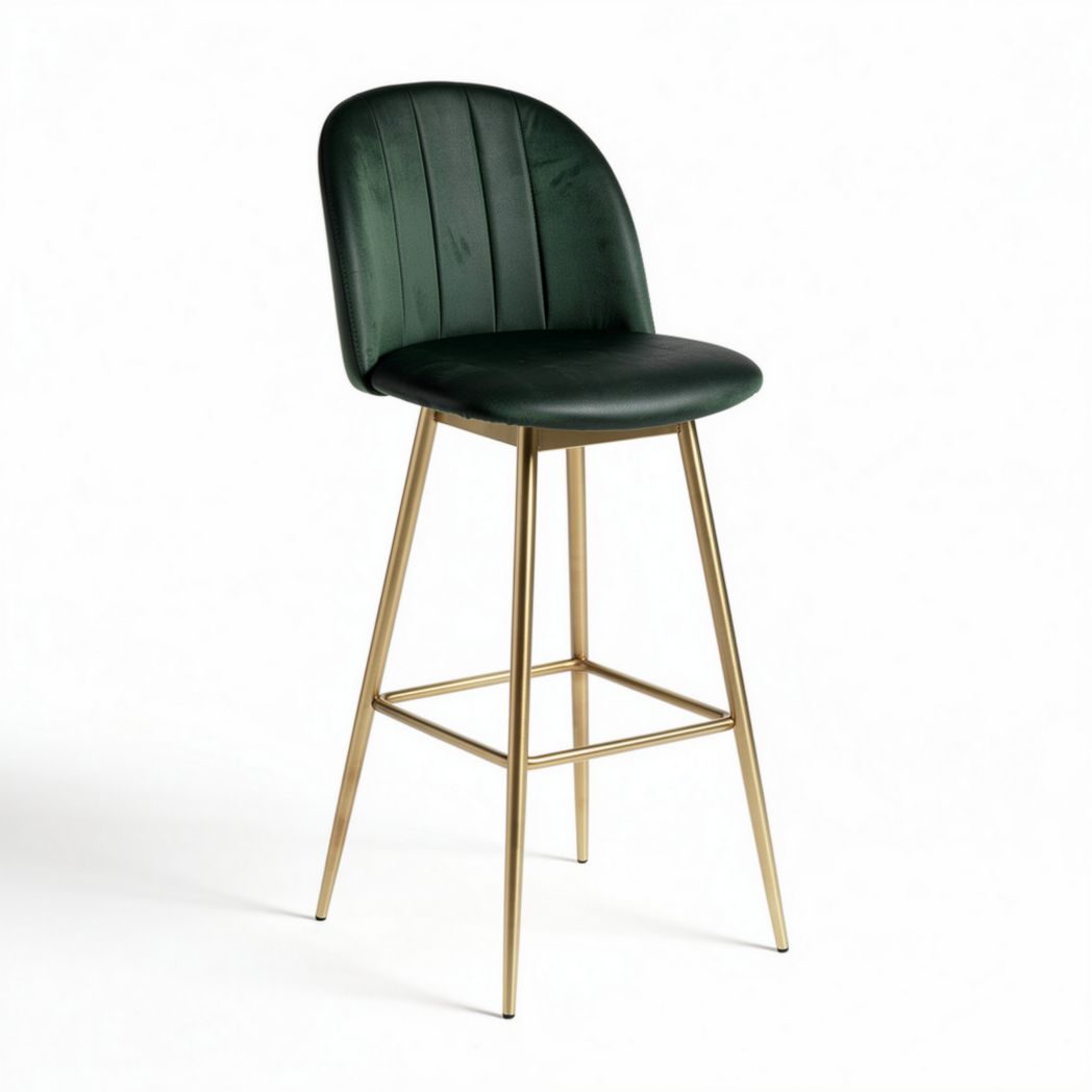 Taburete alto de metal dorado y tapizado en terciopelo verde 45 x 45 x 100cm