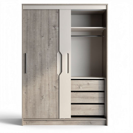 Armario de madera en color gris con puertas deslizadas y cajones 180 x 100 x 55cm
