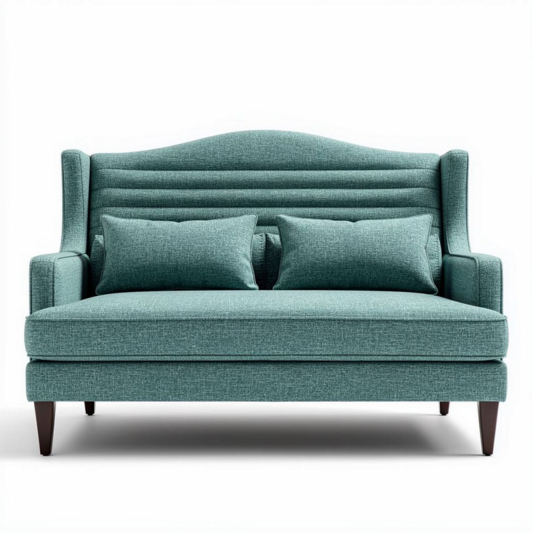 Sofá de dos plazas en tela azul con dimensiones de 150 x 90 x 85cm